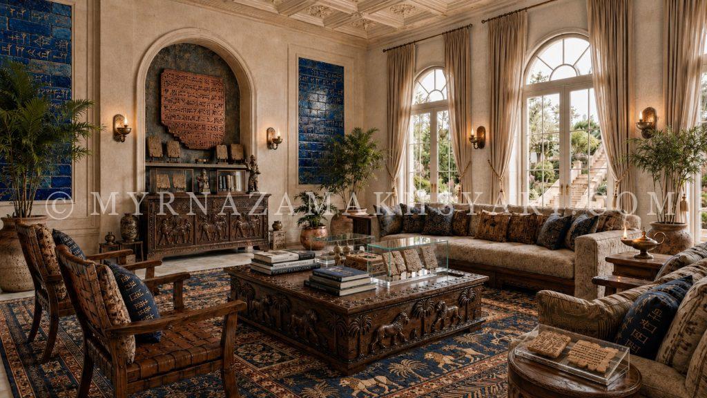 An Archival Salon of Babylonian Memory: Neo-Classical Fusion in Contemporary Living Room Design