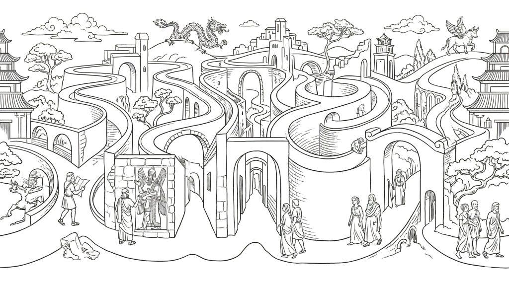 Orientation is not guaranteed. Illustration of a city where streets curve without direct passage.