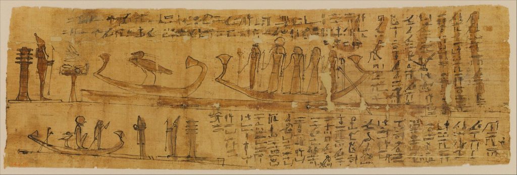 Ancient Egyptian Book of the Dead papyrus with funerary spells, hieroglyphic text, Osiris, boats, and offering scenes.