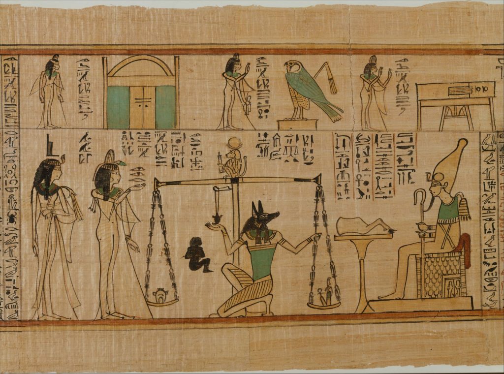 Ancient Egyptian Book of the Dead scene showing Nauny’s heart weighed against Maat before Osiris, with Anubis, Thoth, and the judgment scale.