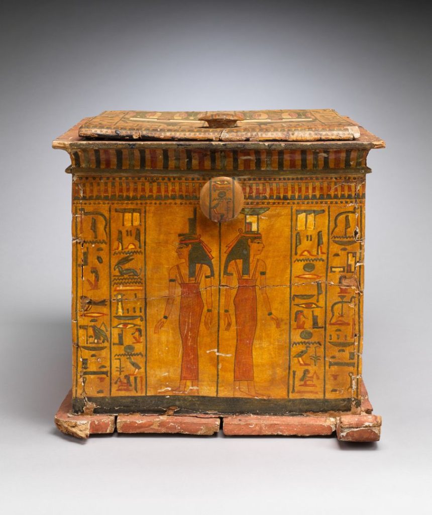 Ancient Egyptian Canopic Chest of Khonsu with shrine-shaped lid, painted decoration, and compartments for organs used in funerary ritual.