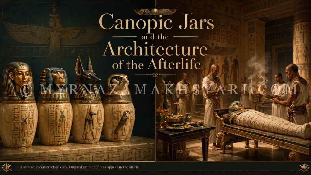 Illustrative reconstruction of ancient Egyptian canopic jars and a funerary ritual scene, showing the Four Sons of Horus and the preparation of the dead for the afterlife.
