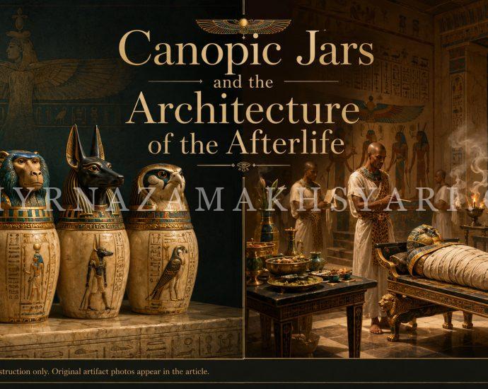 Illustrative reconstruction of ancient Egyptian canopic jars and a funerary ritual scene, showing the Four Sons of Horus and the preparation of the dead for the afterlife.