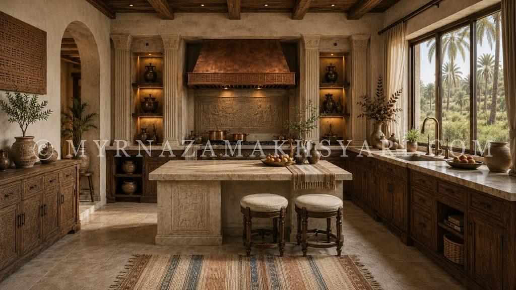 Earthen Neo-Classical Babylonian fusion kitchen with copper range hood, carved wood cabinetry, marble island, clay vessels, woven stools, and warm rustic materials.