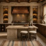 Earthen Neo-Classical Babylonian fusion kitchen with copper range hood, carved wood cabinetry, marble island, clay vessels, woven stools, and warm rustic materials.