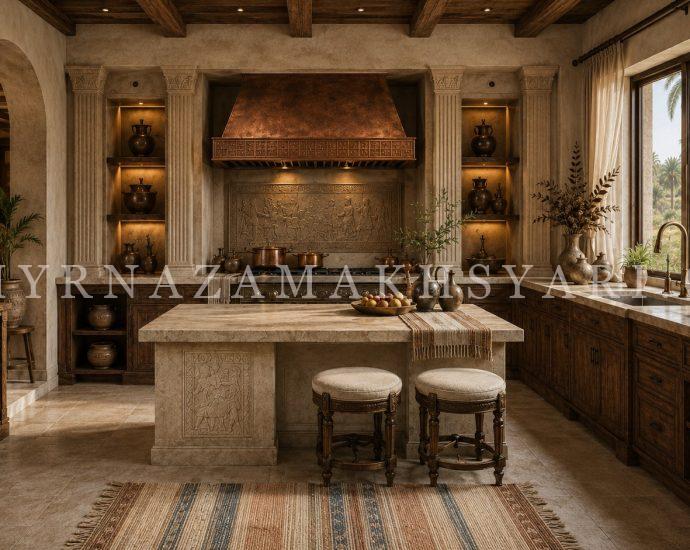 Earthen Neo-Classical Babylonian fusion kitchen with copper range hood, carved wood cabinetry, marble island, clay vessels, woven stools, and warm rustic materials.