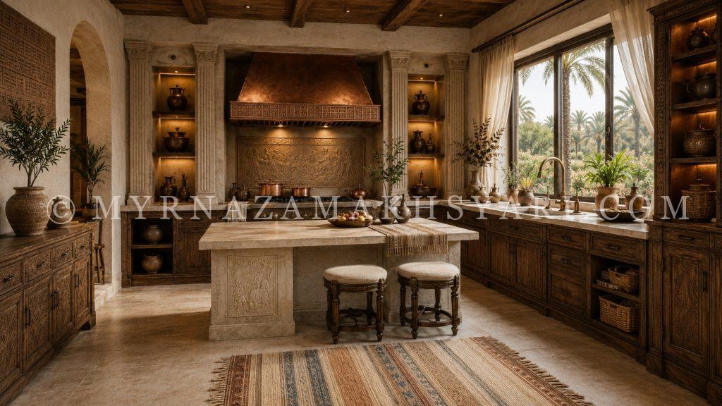 Rustic Mesopotamian-inspired kitchen with carved cabinetry, copper hood, clay vessels, palm garden view, marble island, woven rug, and warm archaeological atmosphere.