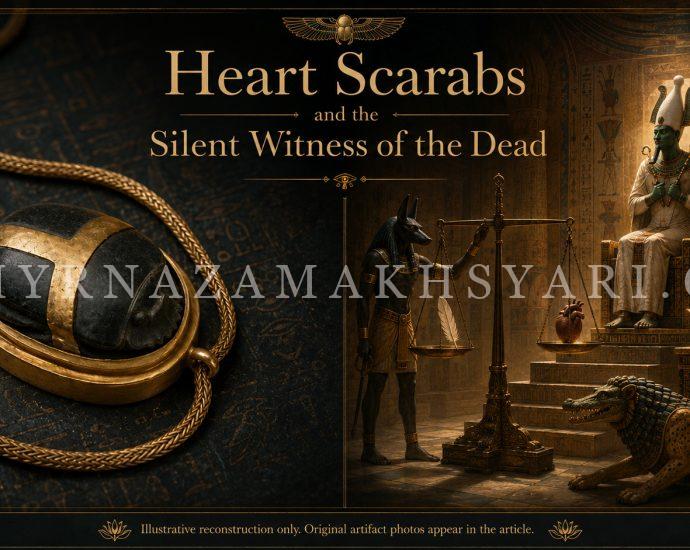 Illustrative reconstruction of an ancient Egyptian heart scarab and the weighing of the heart before Osiris, with Anubis, Thoth, Maat’s feather, and Ammit.