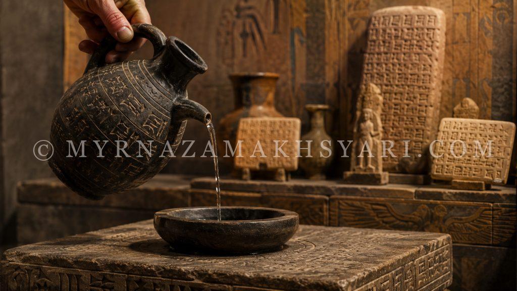 Ancient libation vessel pouring liquid into a ritual bowl on a stone offering table.