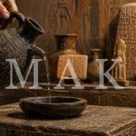 Ancient libation vessel pouring liquid into a ritual bowl on a stone offering table.