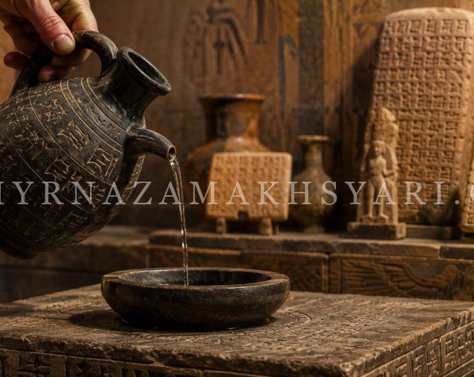 Ancient libation vessel pouring liquid into a ritual bowl on a stone offering table.