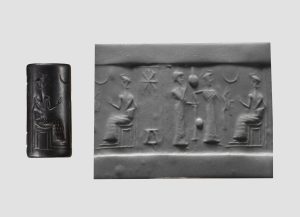 Neo-Sumerian cylinder seal and modern impression showing a ritual scene before a seated deity.